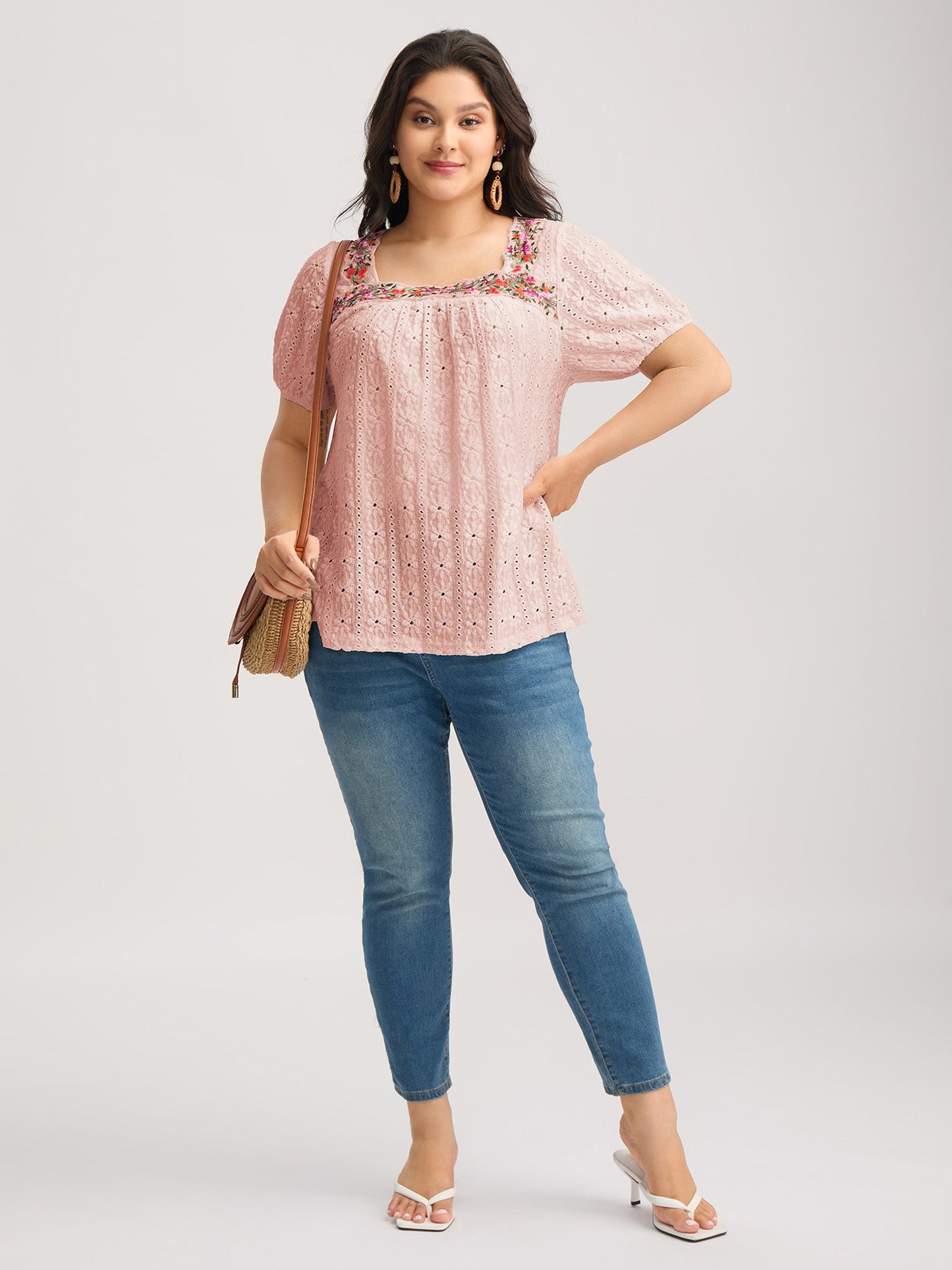 Eyelet Trim Floral Embroidered Solid T-Shirt