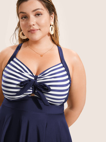 Stripes Patchwork Tie Knot Cross Straps Swim Dress