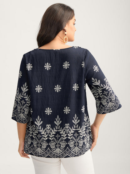 Boho Print Lace Neck Blouse
