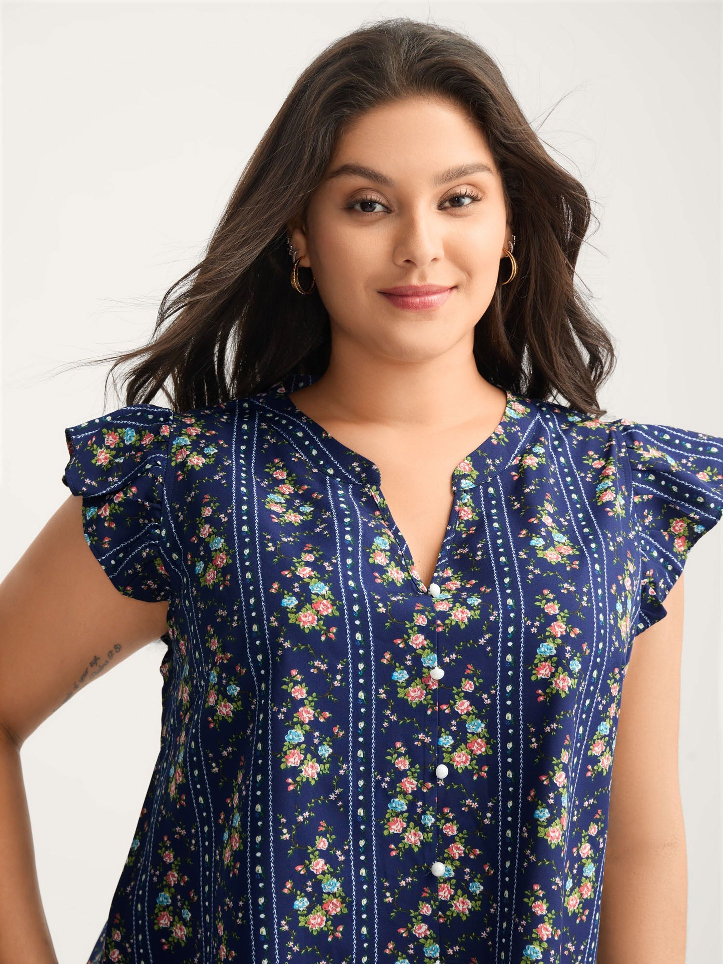 Floral Stripes Flutter Sleeve Blouse