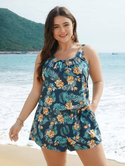 Tropical Flower Print Pockets One-Piece Swimsuit