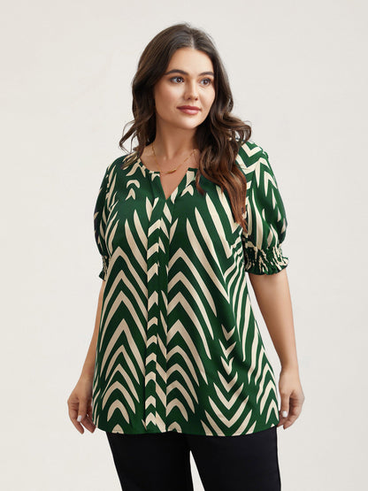Geometric Print Ruffled Shirred Shirt