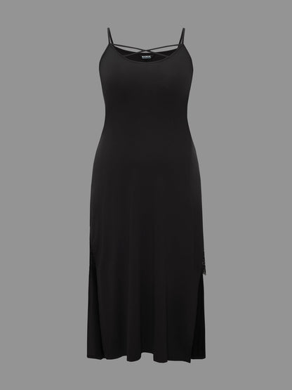 Solid Crisscross Lace Trim Slit Hem Sleep Dress