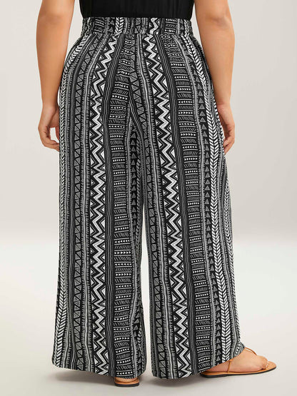 Waist-Tie Wide-Leg Boho Print Pants