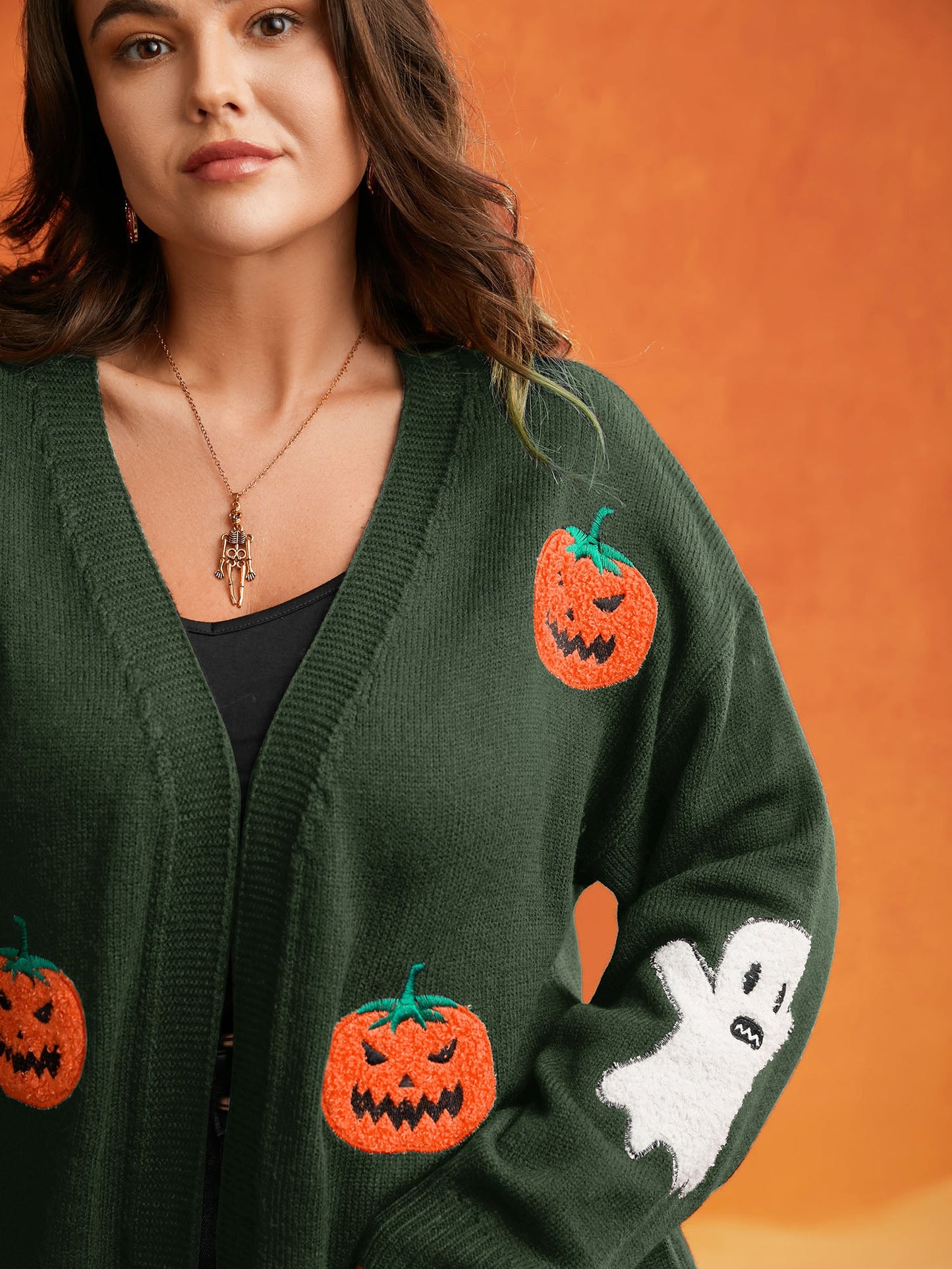 Pumpkin Ghost Embroidery Open Cardigan