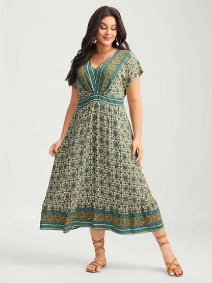 Rayon Floral Boho Print Pockets Midi Dress