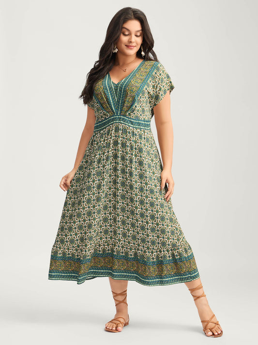 Rayon Floral Boho Print Pockets Midi Dress