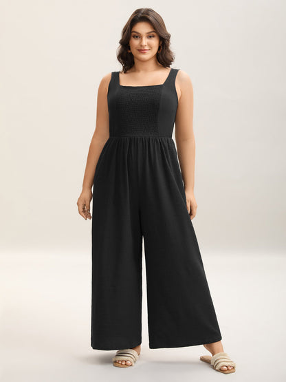 Shirred Pockets Wide-Leg Plain Jumpsuit