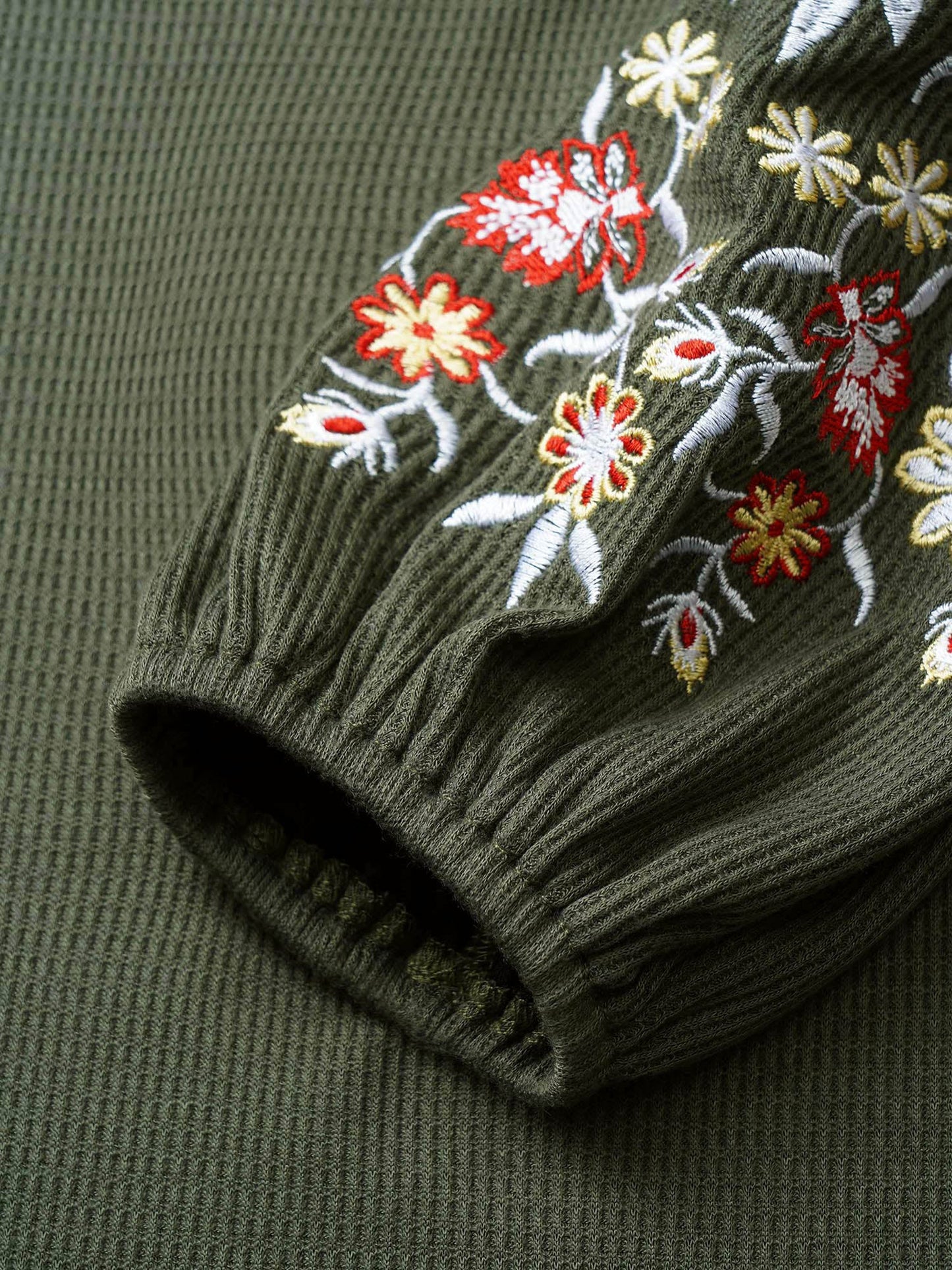 Waffle Knit Floral Embroidered Lantern Sleeve T-shirt