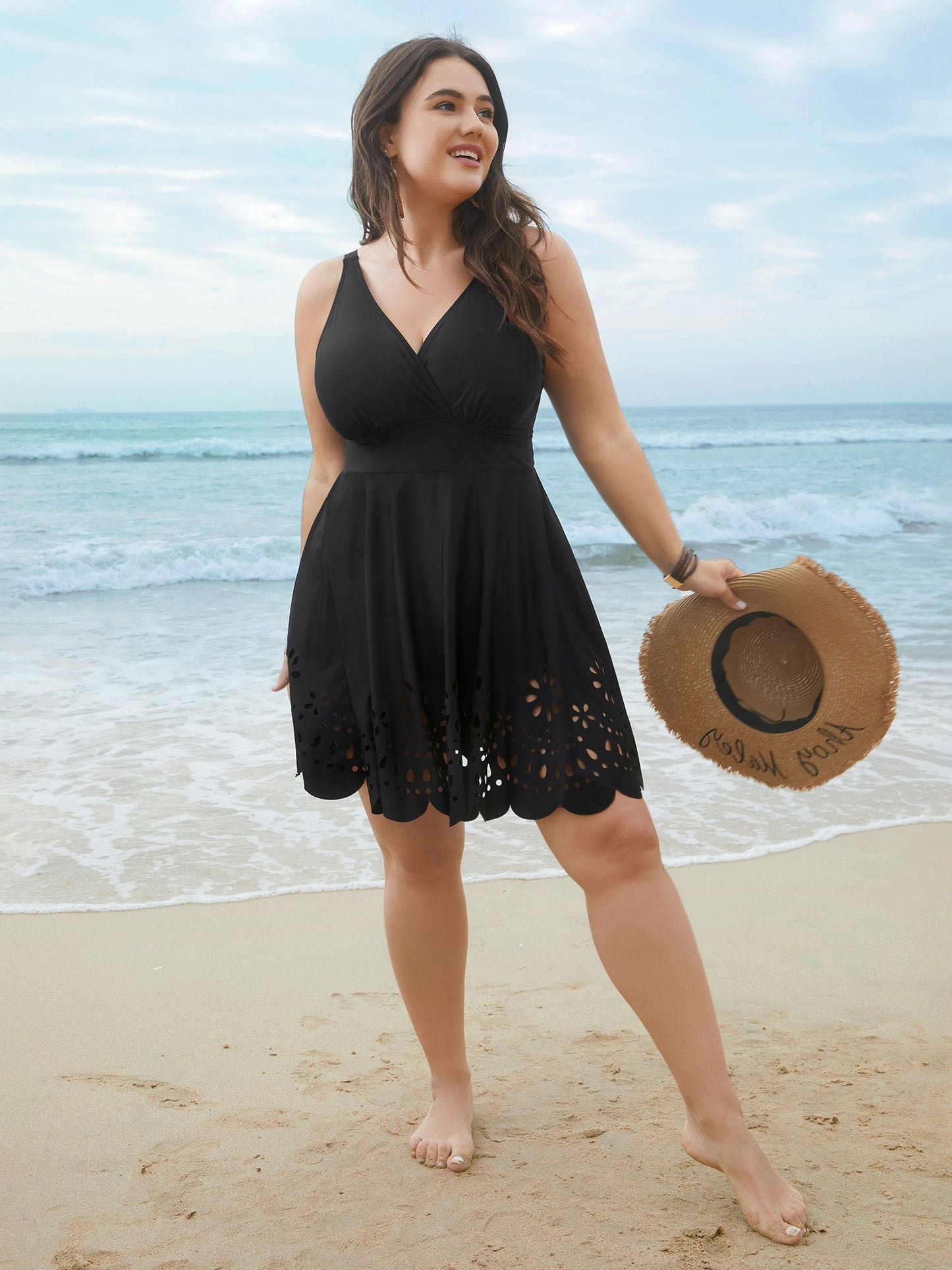 Laser Cut Surplice Neck Waist-Cinched Swim Dress