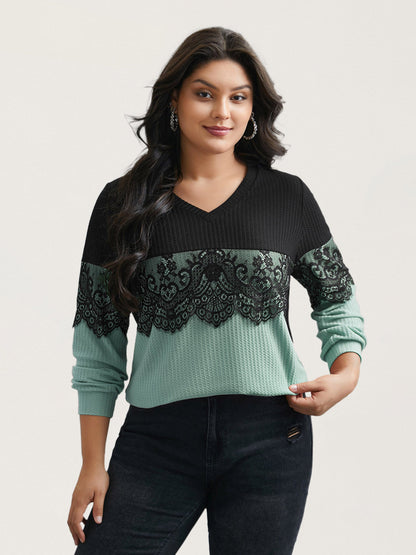 Crochet Lace Mesh Contrast Patchwork Top