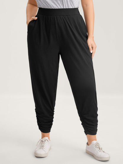 Stretchy Straight-Leg Gathered Hem Pants