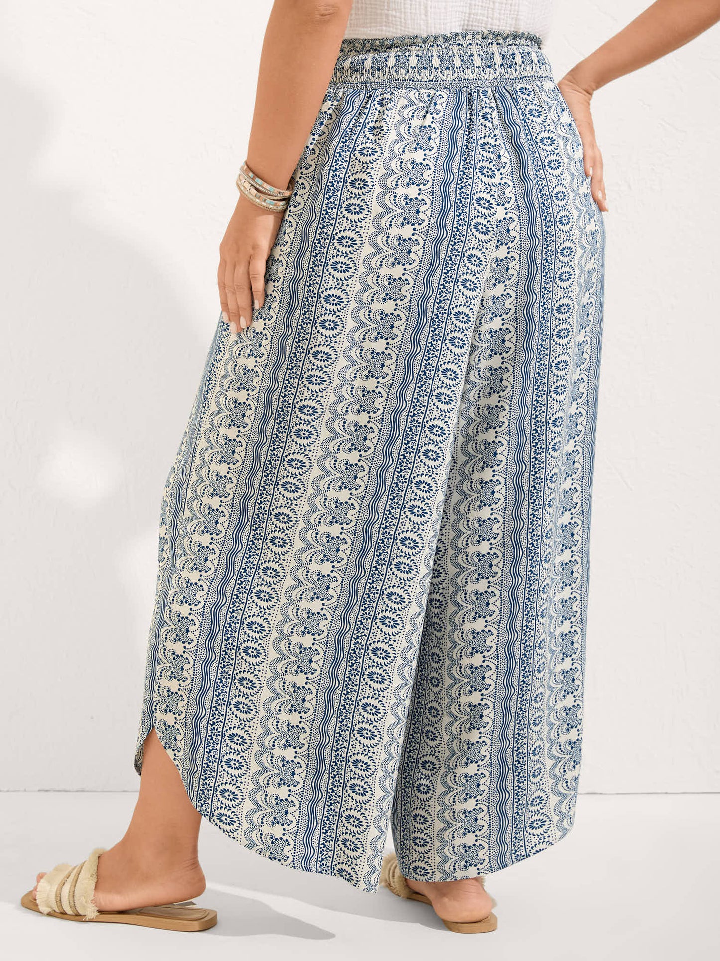 Boho Print Shirred Waist Wide-Leg Pants