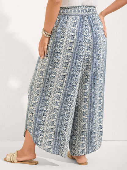 Boho Print Shirred Waist Wide-Leg Pants