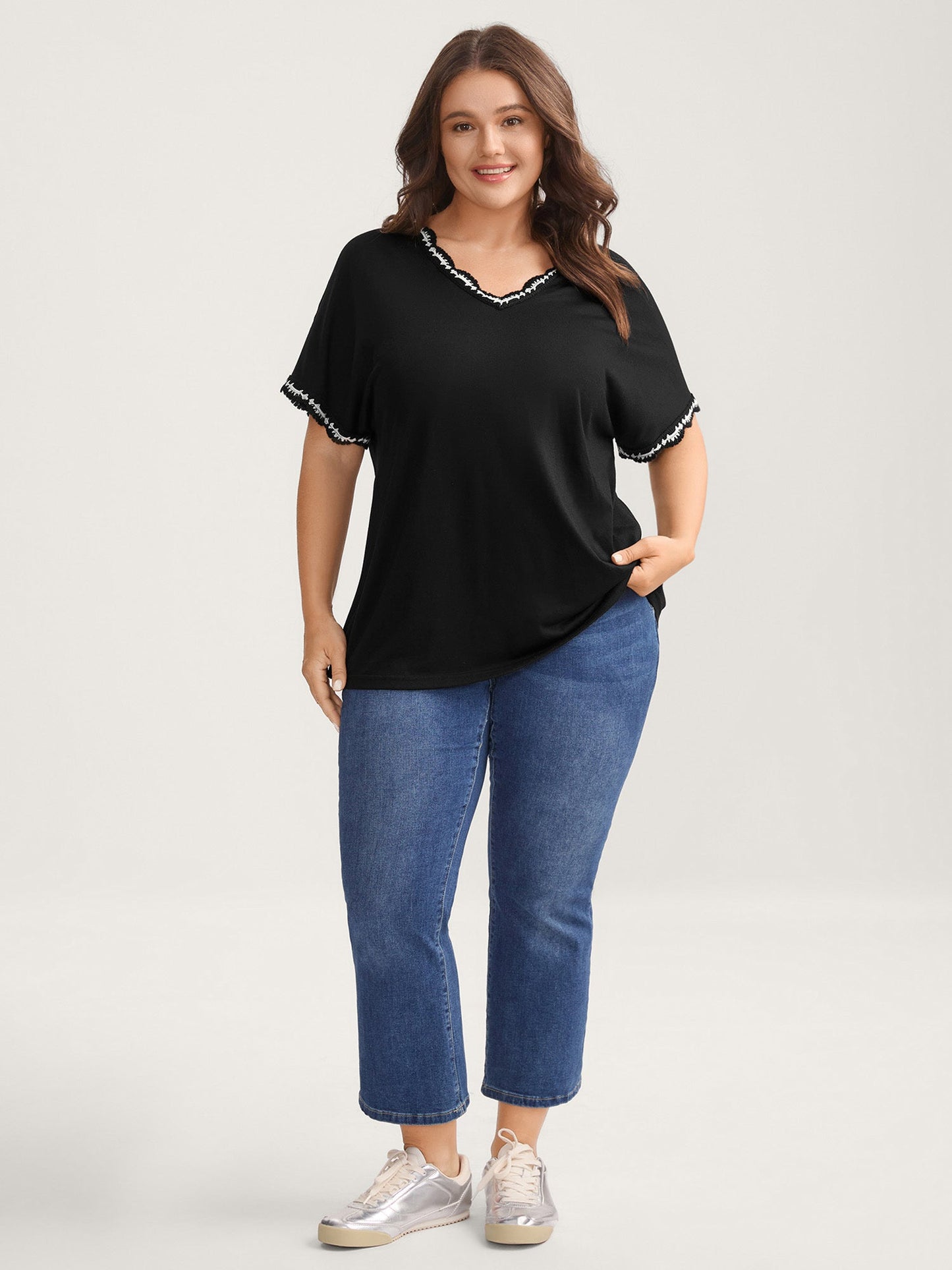 Supersoft Stretchy Scalloped Neck Solid T-Shirt