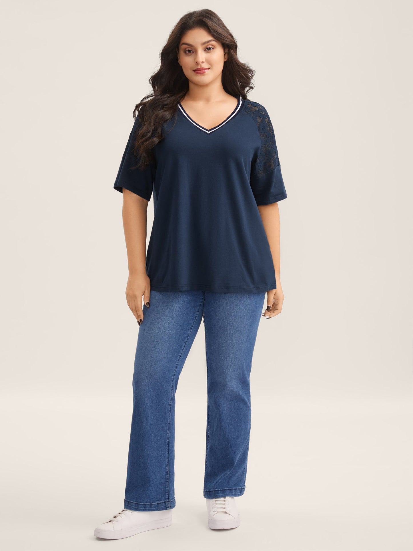 Supersoft Sheer Floral Sleeve V-Neck T-Shirt