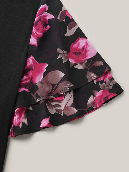 Stretchy Floral Lotus Sleeve V-Neck T-Shirt