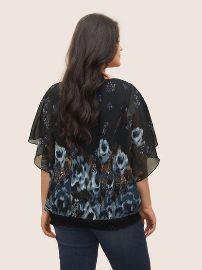 Pixel Flower Shirred Batwing Sleeve Blouse