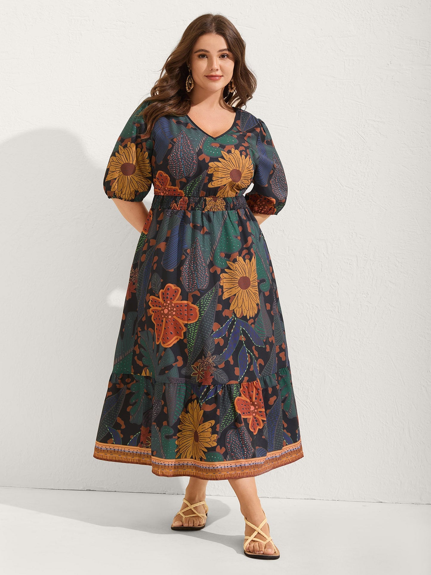 Floral Shirred Lantern Sleeve Midi Dress