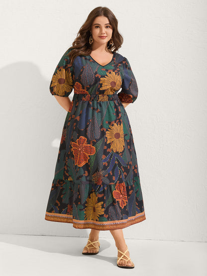 Floral Shirred Lantern Sleeve Midi Dress