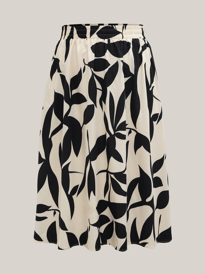Leaf Print Stretchy-Waist Midi Skirt