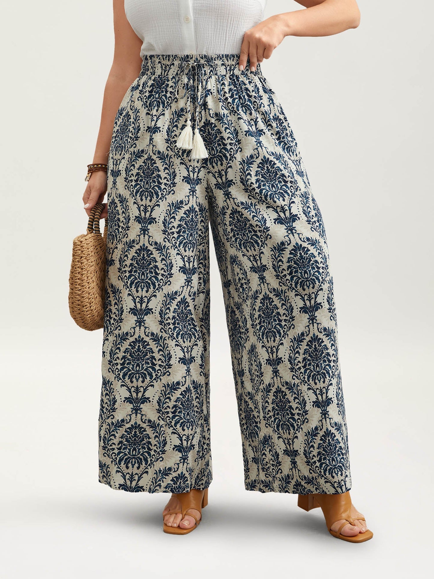 Damask Print Tassel Straight-Leg Pants