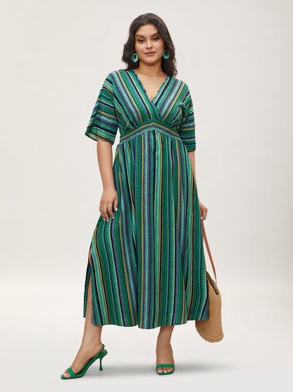 Striped Contrast Dolman Sleeve Shirred Pocket Split Flutter Dress