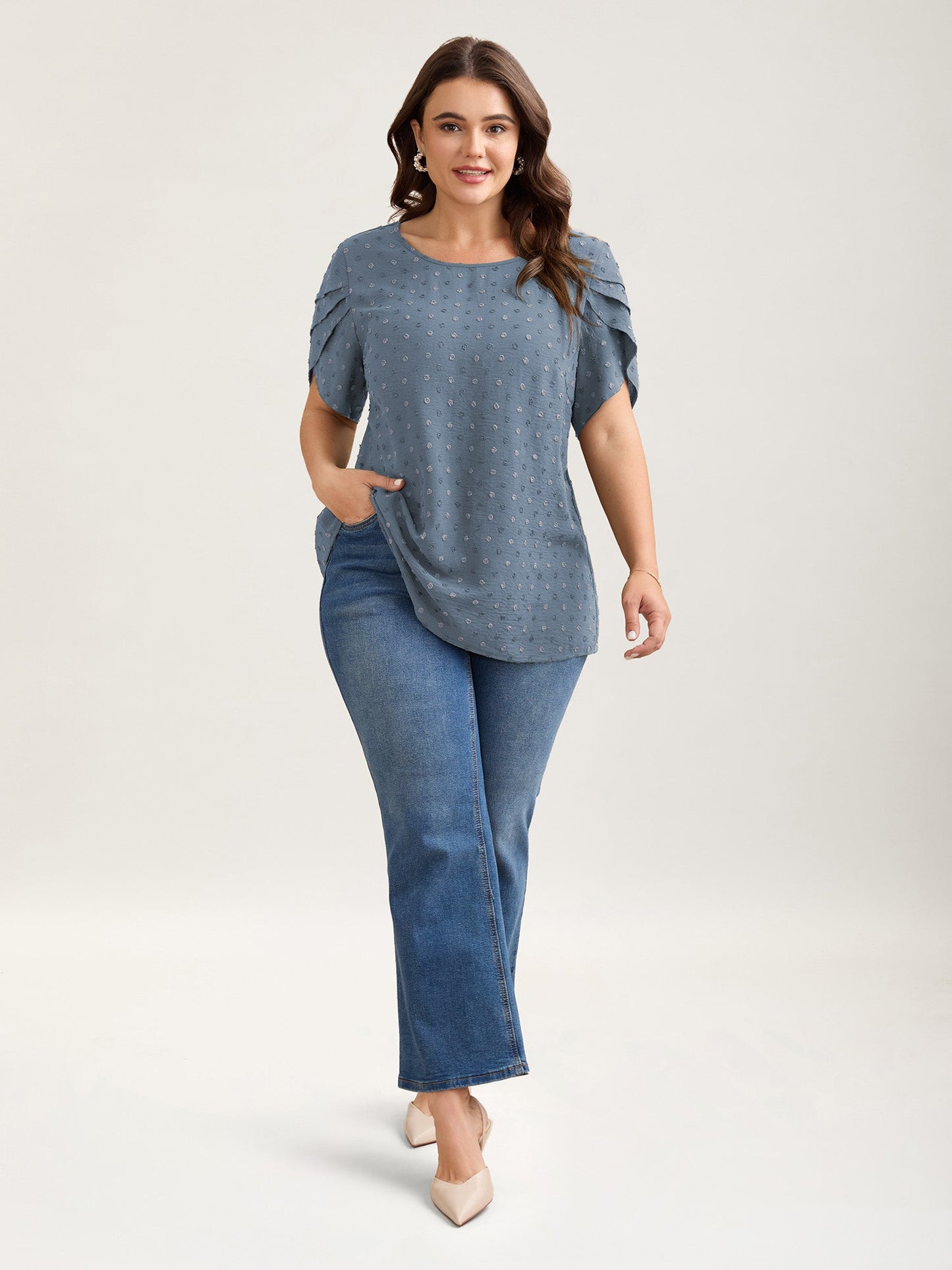 Textured Color Contrast Petal Sleeve Blouse