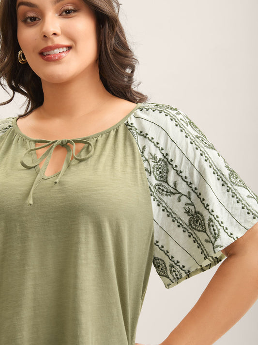 Boho Print Neck Tie Plain Top