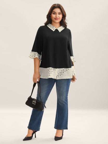 Sheer Color Contrast Spliced Collar Blouse