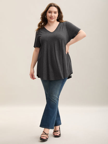 Curved Hem V-Neck Plain Knit Top
