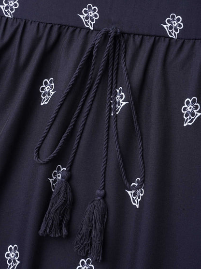 Floral Waist-Tie Notched Collar Midi Dress