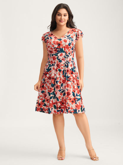 Floral Three-Layered Stretchy Waist Midi Dress