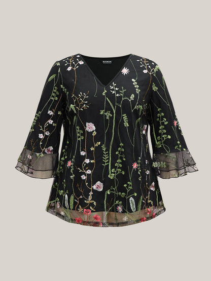 Embroidered Mesh Lotus Leaf Sleeve Blouse