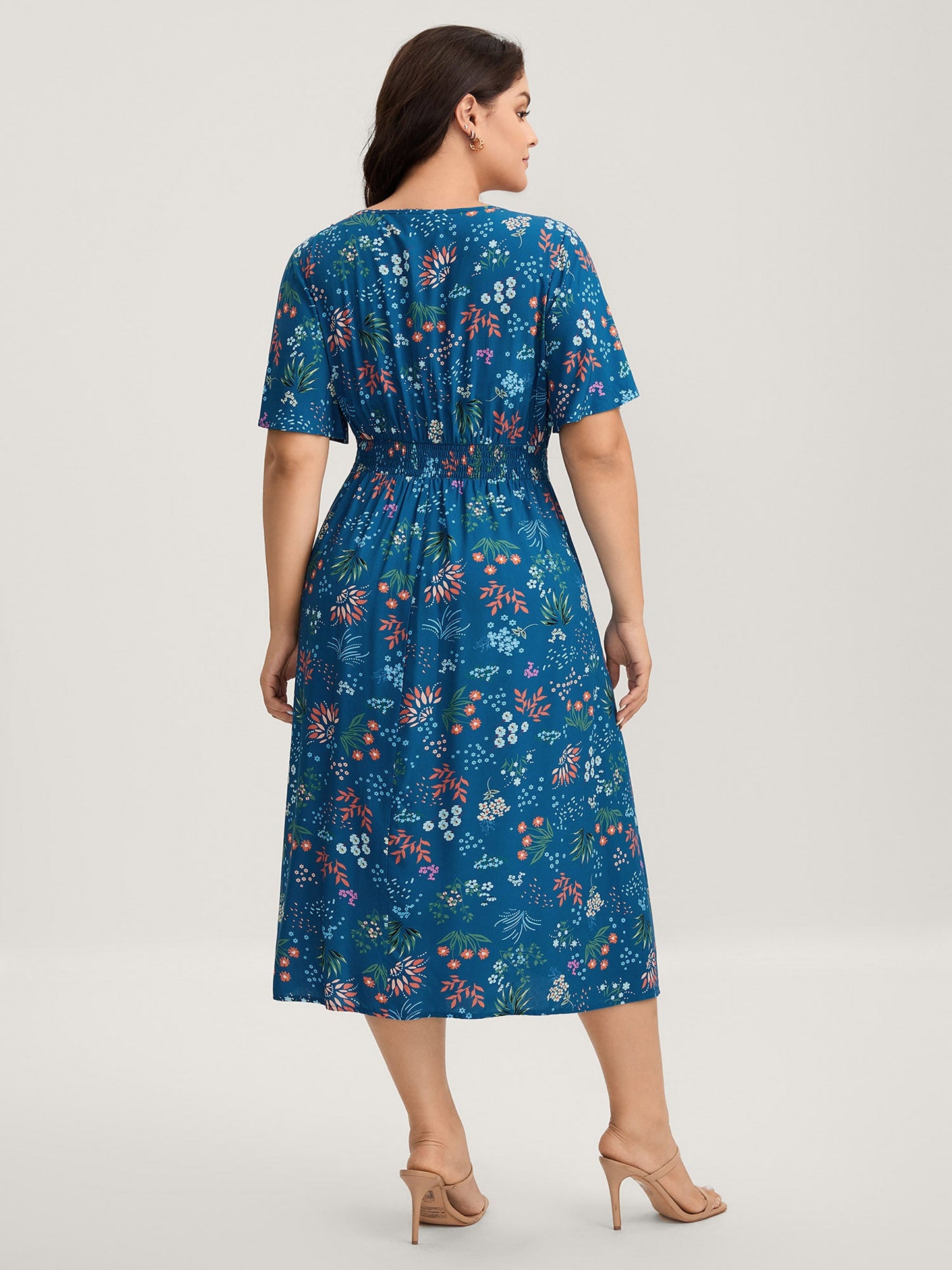 Rayon Playful Floral Shirred Midi Dress