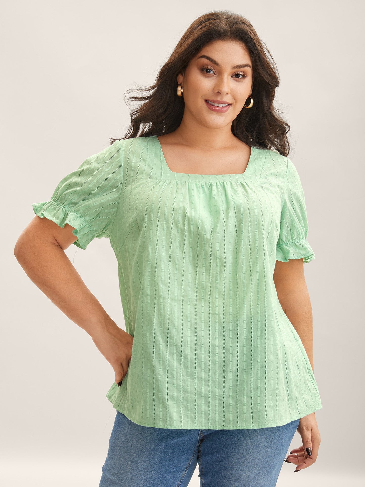 Cotton Square Neck Ruffled Sleeve Shirt