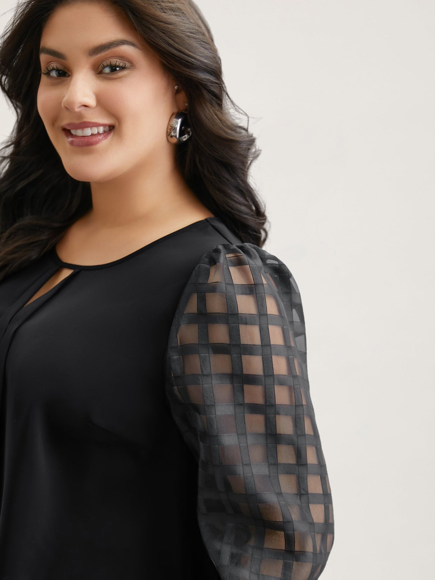 Sheer Textured Sleeve Neck Cut-Out Shirt