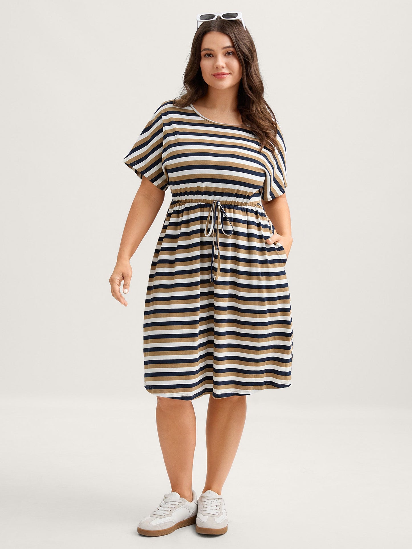 Pure Cotton Striped Waist-Tie Midi Dress