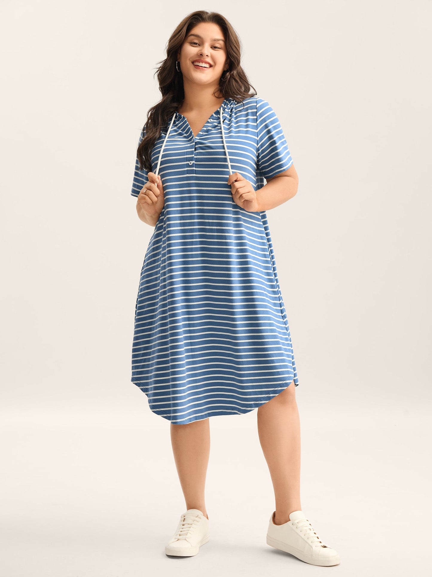 Stripe Print Curvy Hem Hooded Midi Dress