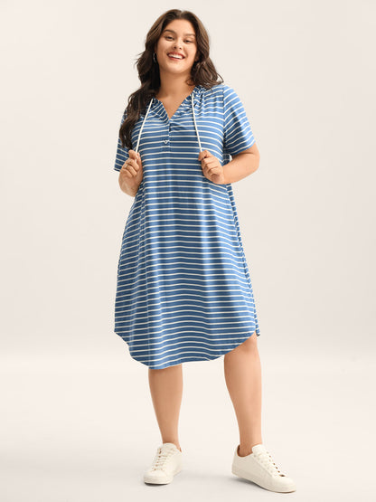 Stripe Print Curvy Hem Hooded Midi Dress