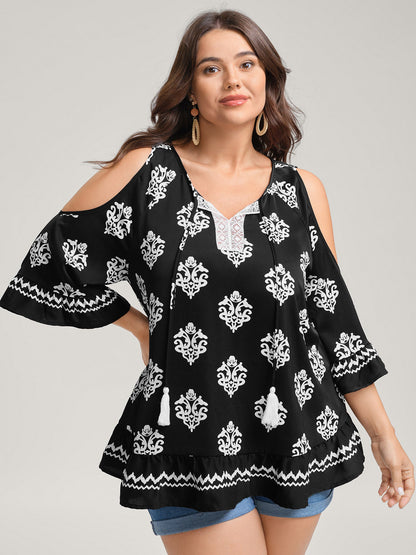 Floral Print Lace Neck Flared Sleeve Blouse