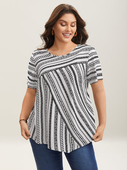 Striped Overlap Print Curvy Hem Blouse