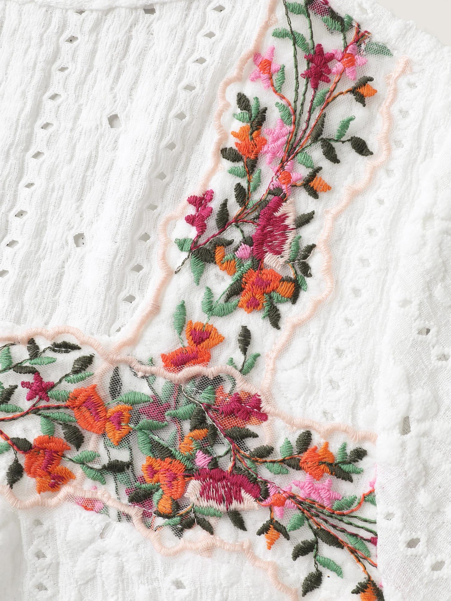 Eyelet Trim Floral Embroidered Solid T-Shirt