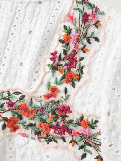 Eyelet Trim Floral Embroidered Solid T-Shirt