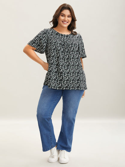 Floral Ruffle Sleeve Gathered Round Neck Blouse