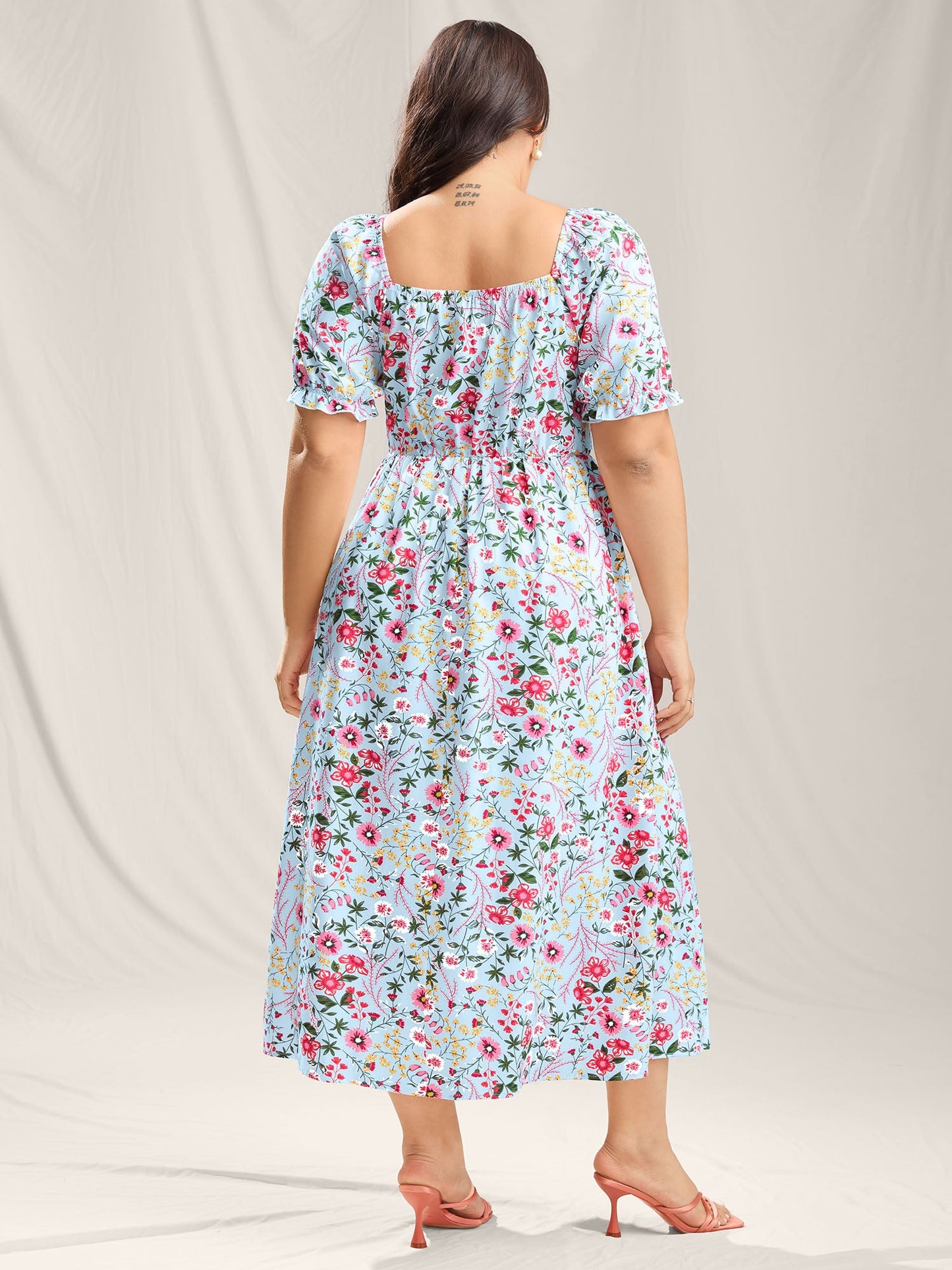 Shirred Floral Print Pockets Maxi Dress