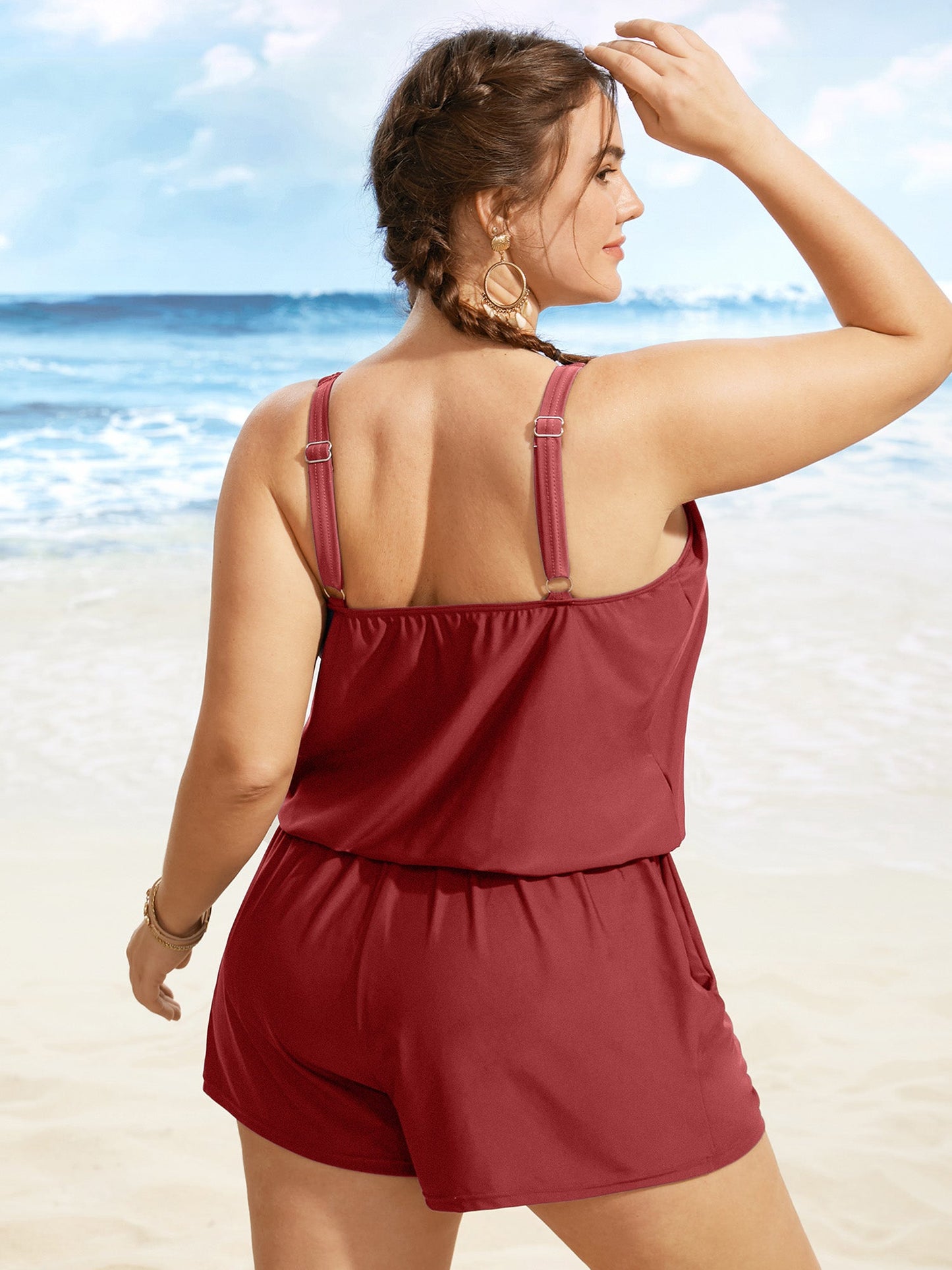 Solid Keyhole Elastic Waist Gathered One Piece Swimsuit