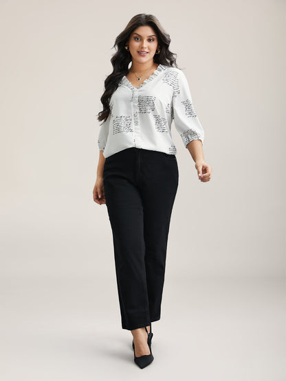 Text Pattern Ruffled Lantern Sleeve Blouse