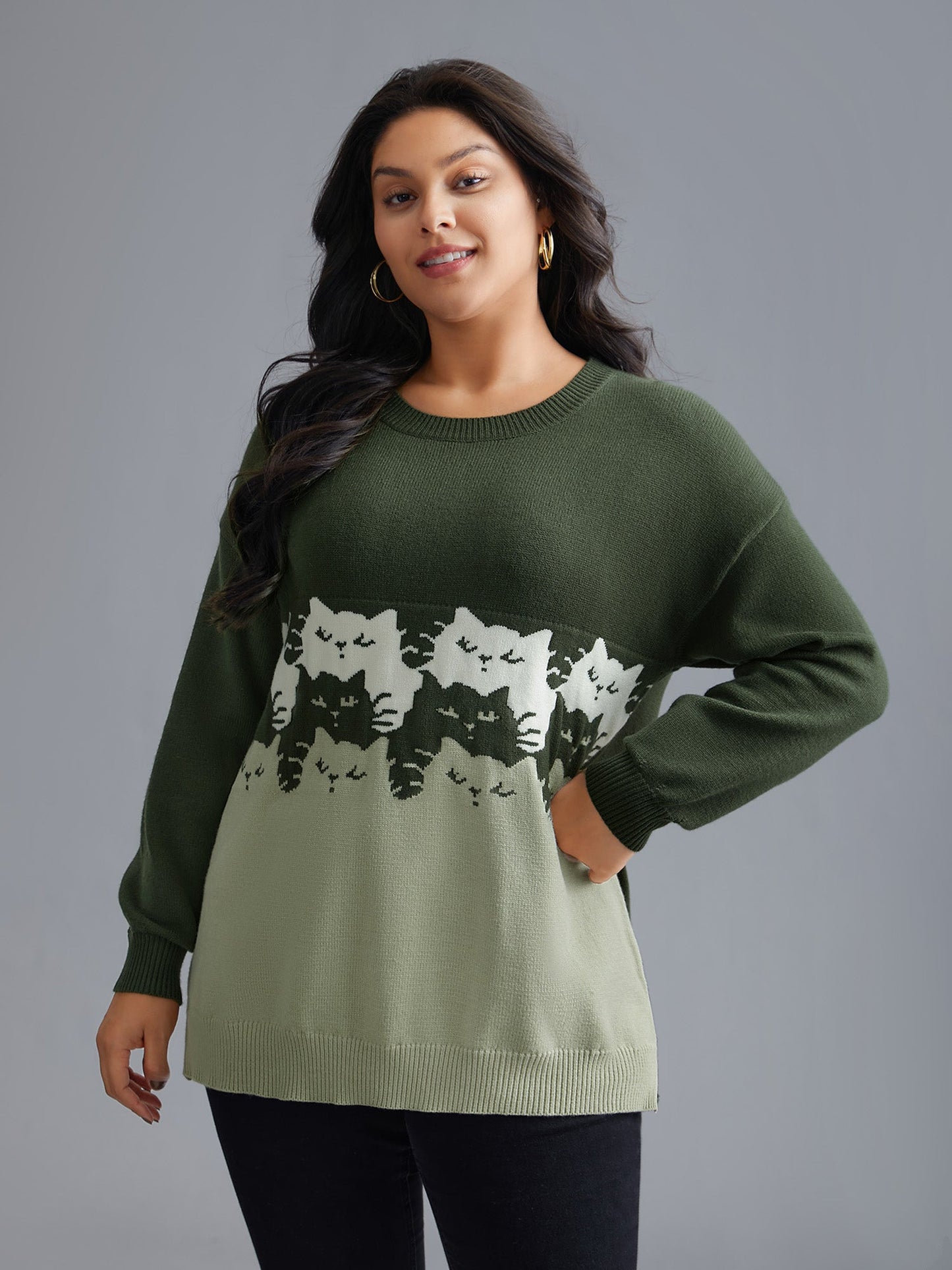 Cat Contrast Drop Shoulder Pullover