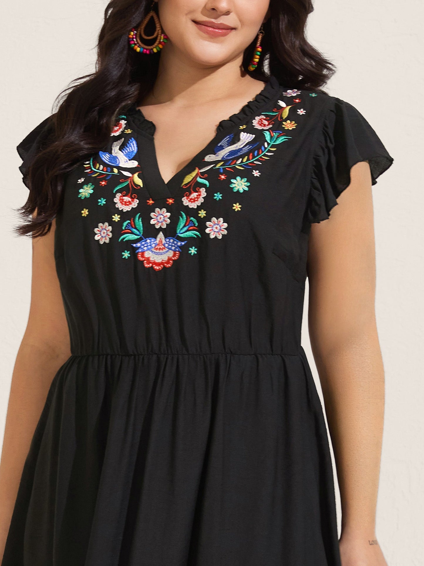 Floral Embroidered Notched Collar Midi Dress